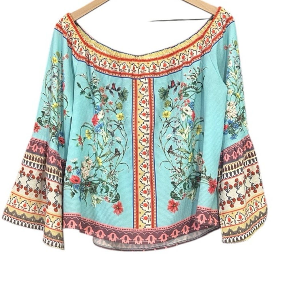 Umgee Floral Off the Shoulder Boho Blouse Bell Sleeves Women’s Size Medium - Picture 3 of 8